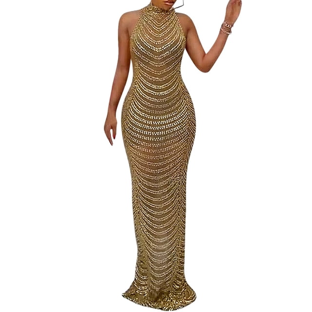 Vestido largo Nagfar para mujer, sin mangas, con diamantes de imitación, color dorado