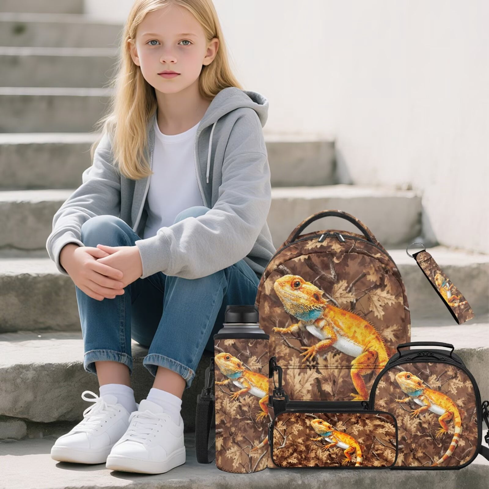 Pzuqiu Dragon Print Kids Backpack and Lunch Box Set of 5 Large Capacity Lightweight Backpack Set with Pencil Case for Girls Boys Daily School Use Travel Outdoor Activities