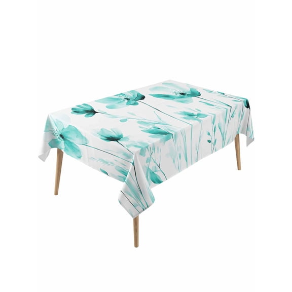 Blue Aqua Flower Table Cloth, White Floral Plant Herb Botanical Waterproof Tablecloth for Rectangle Tables, Reusable Washable Fabric Table Cover for Restaurant Kitchen Dining Tables 60"x120"