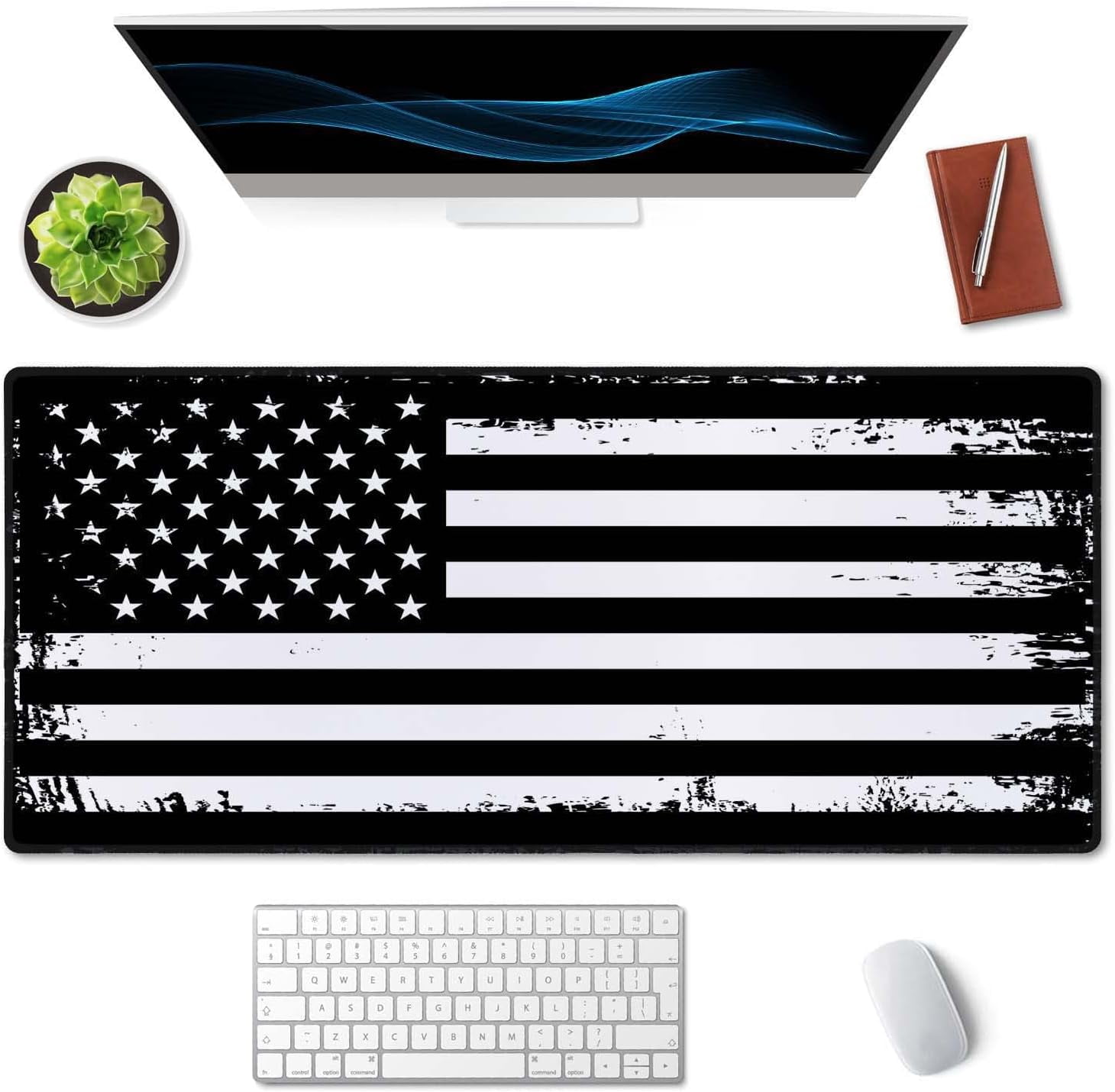 Desk Mat, Extended Gaming Mouse Pad (35.5x15.7 in), Large Non-Slip Rubber Base Mousepad with Stitched Edges, Waterproof Keyboard Mouse Mat Desk Pad - Grunge American Flag USA Flag Black White