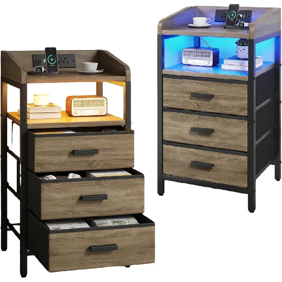 FvMuCore Modern Nightstand Set of 2 with Charging Station, Bedside Table with 3 Fabric Drawers, End Table with USB Ports and Outlets for Home Bedroom