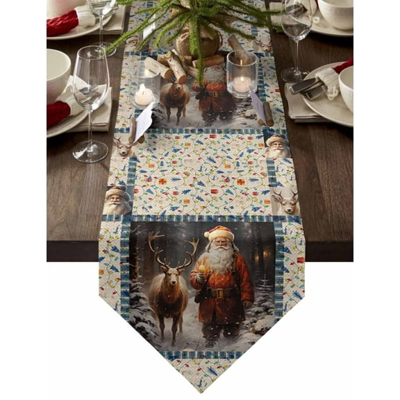 Table Runner Dresser Scarves Christmas Santa Claus Reindeer Cotton Linen Burlap Table Cover Seamless Xmas Tree Stripe Table Runners for Family Kitchen Dining Holiday Party Banquet Decor