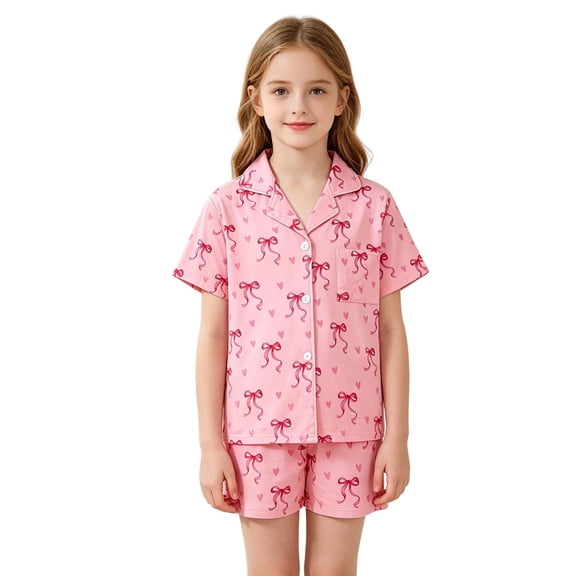 Big Girls Two Piece Outfits Print Short Sleeve Tops and Shorts Nightwear Outfits Size 10-11T