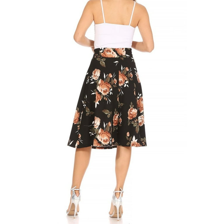 Women's Casual Floral Printed A Line Ribbon Belted Knee Length Midi Skirt