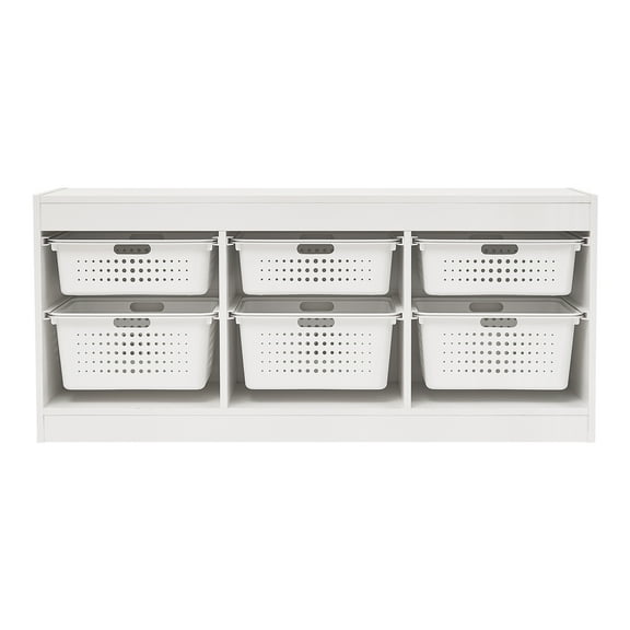 Your Zone Wooden Kids Horizontal Sliding Bin Organizer with 6 Storage Bins, White, Age 3