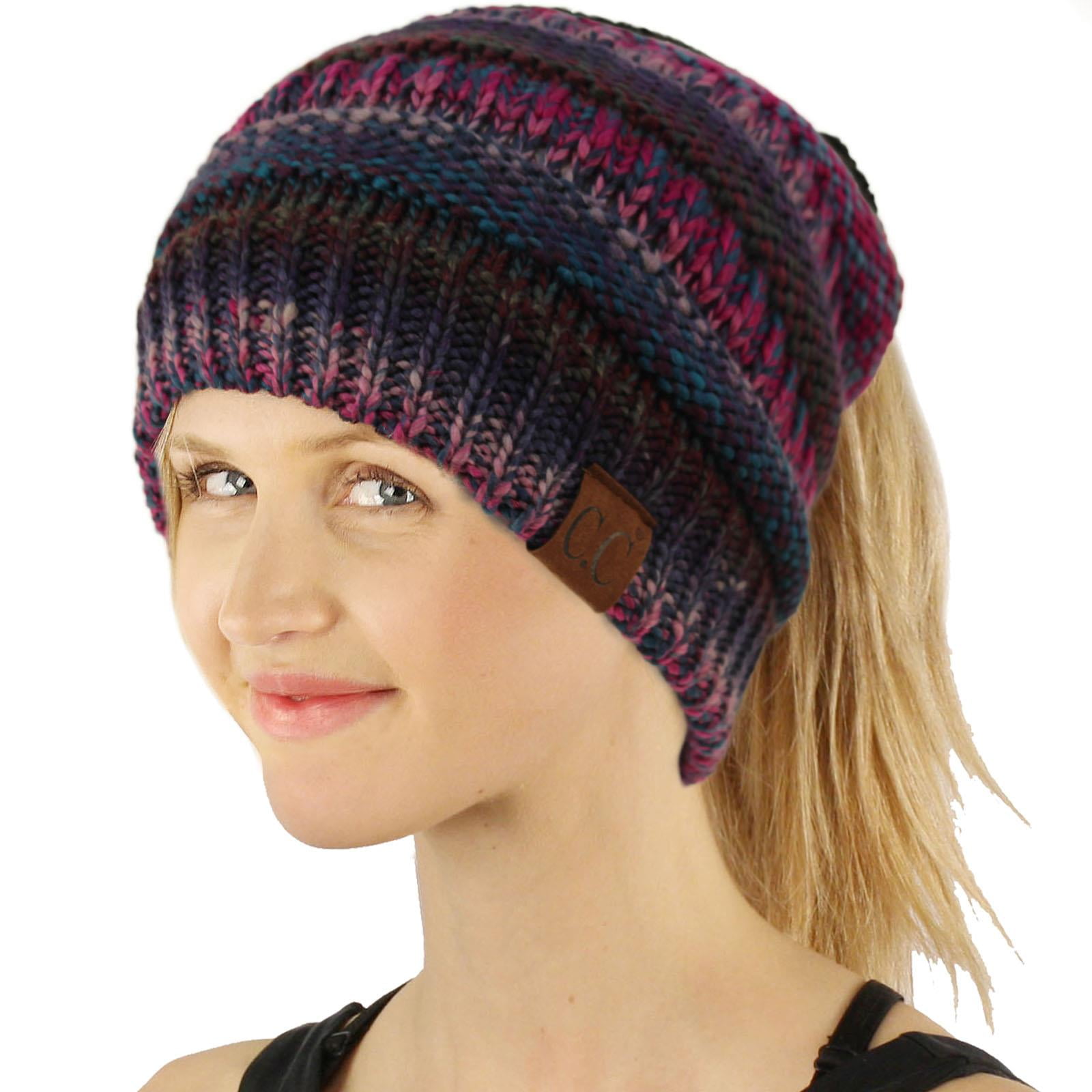 CC Ponytail Messy Bun BeanieTail Soft Winter Knit Stretchy Beanie Hat