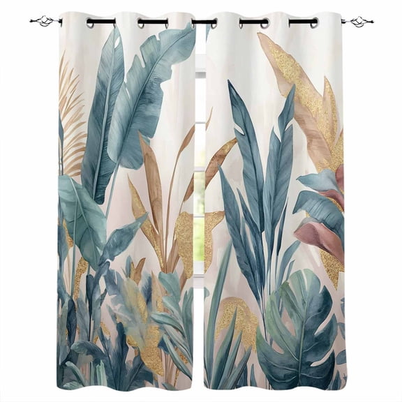 Green Yellow Tropical Leaves Blackout Curtains 63 Inches Long for Bedroom, Vintage Botanical Summer Thermal Insulated Room Darkening Black Out Window Curtain Panels Grommet Drapes for Living Room