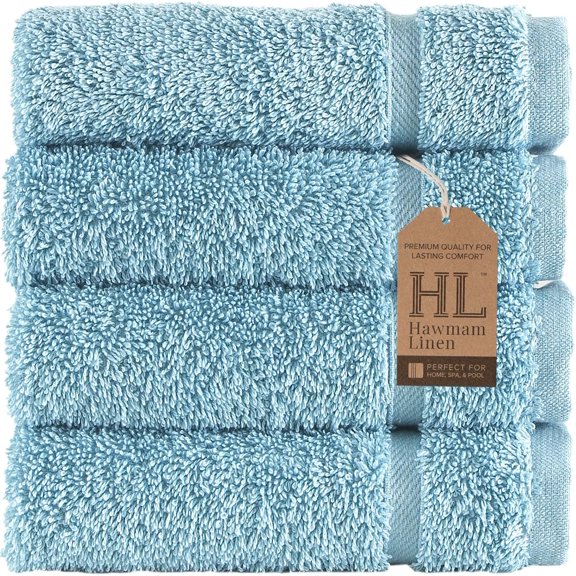 Hawmam Linen Luxury Light Blue Wash Cloths 13' x 13' - Soft and Absorbent 100% Turkish Cotton Wash Cloths for Body and Face - 4-Pack, Hotel Quality Quickdry Face Cloths for Bathroom, Kitchen Cleaning
