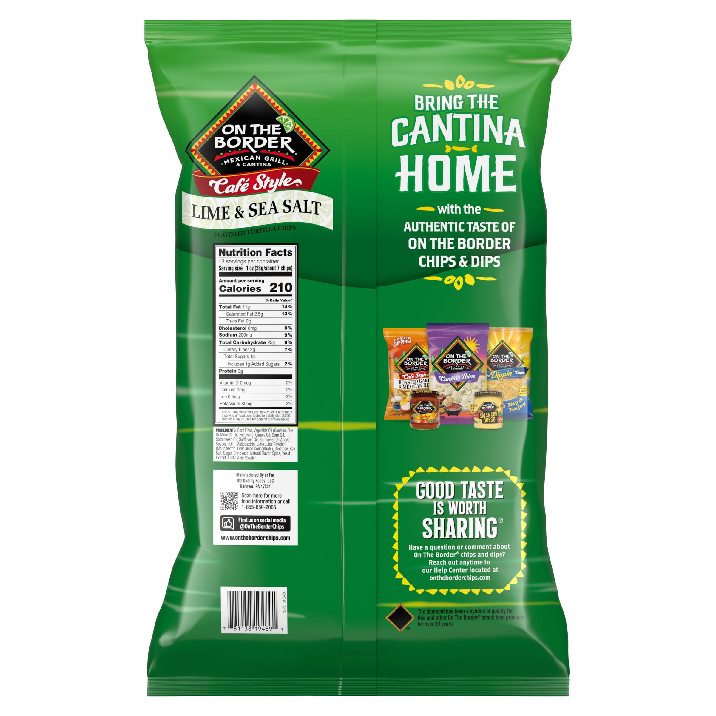 (2 pack) On The Border Lime & Sea Salt Cafe Style Tortilla Chips, 13oz Bag
