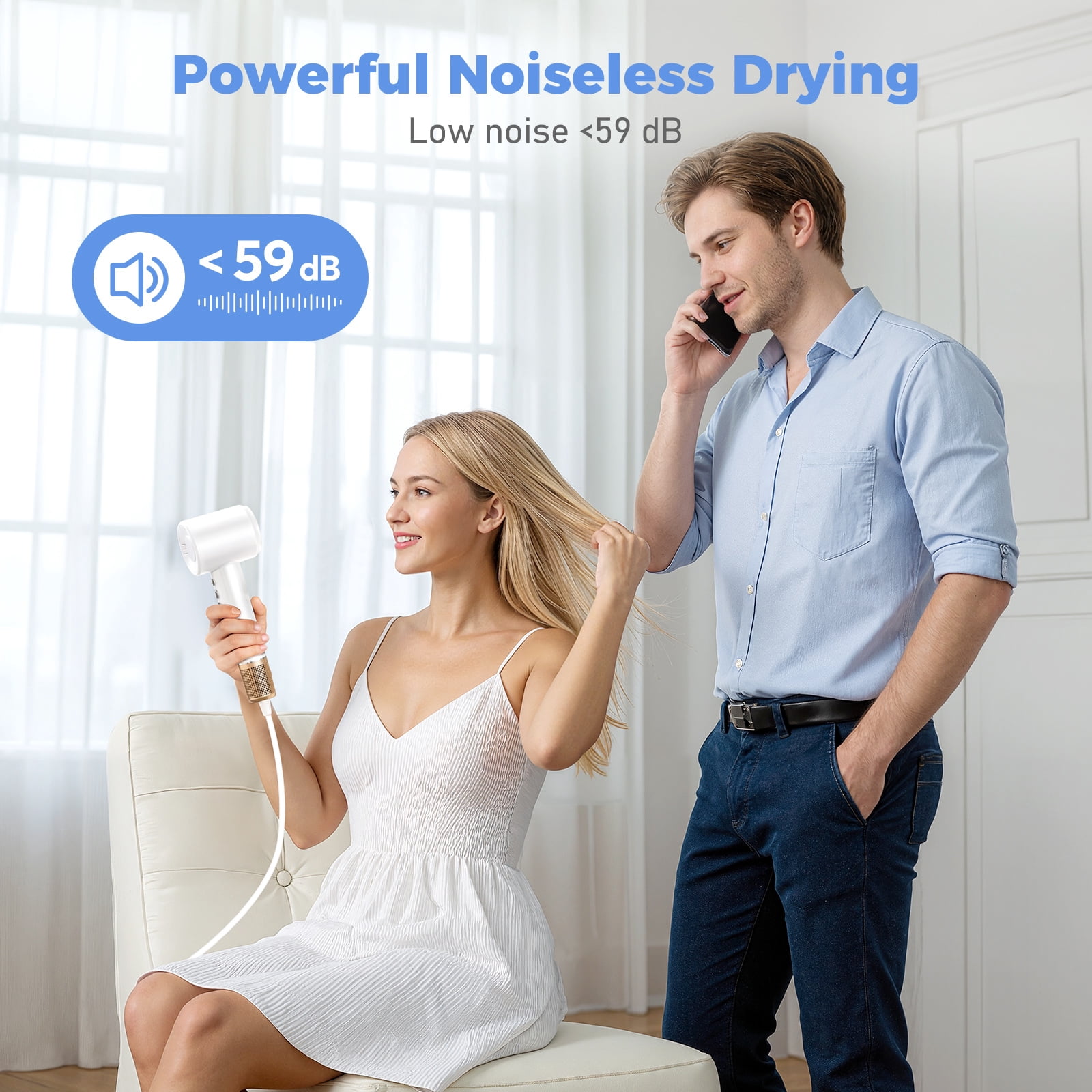 High Speed Hair Dryer-Bopcal Ionic Blow Dryer for Hair Care,3 Speeds & 4 Temps,Diffuser & Nozzle,for Home, Travel and Gift Choice(White)
