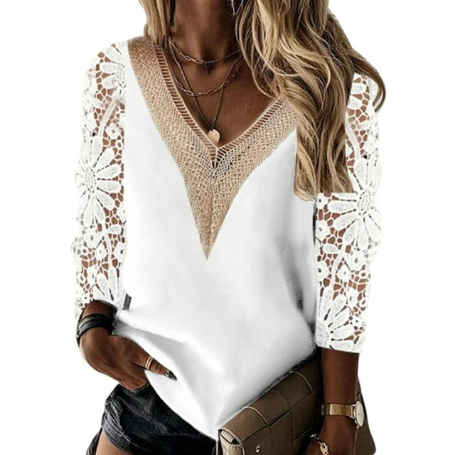 Fashnice T-Shirt pour Femmes Manches 3/4 Hauts d'Été Col en V Tee Doux Vacances Basique Blanc G