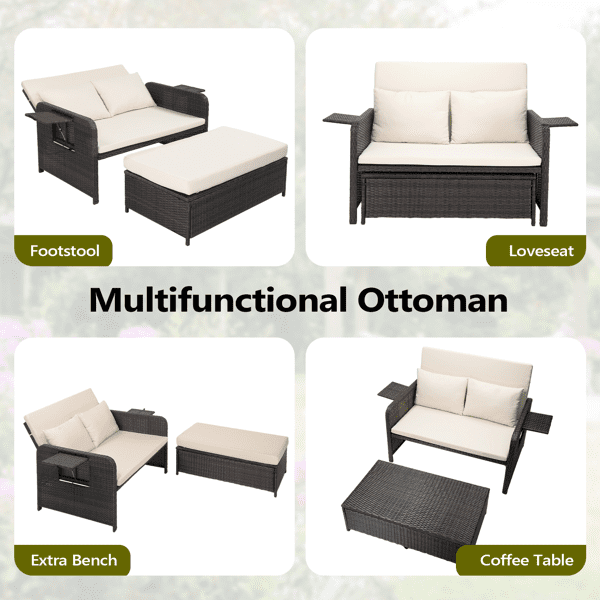 Patio Rattan Daybed Set, 2-in-1 Wicker Loveseat Sofa with Multipurpose Ottoman & Retractable Side Tray, 5-Level Adjustable Backrest, Footstool with Storage, Seat & Back Cushion Included, Brown