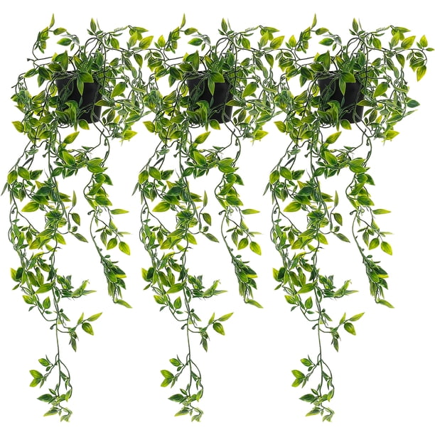 3 plantas colgantes artificiales con macetas, enredaderas colgantes artificiales, plantas colgantes en macetas verdes