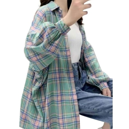Lady Stylish Loose Fit Turn Down Collar Plaid Flannel Shirts Women Casual Long Sleeve Button Down Tunic Outerwear Vintage Grid Coat Tops