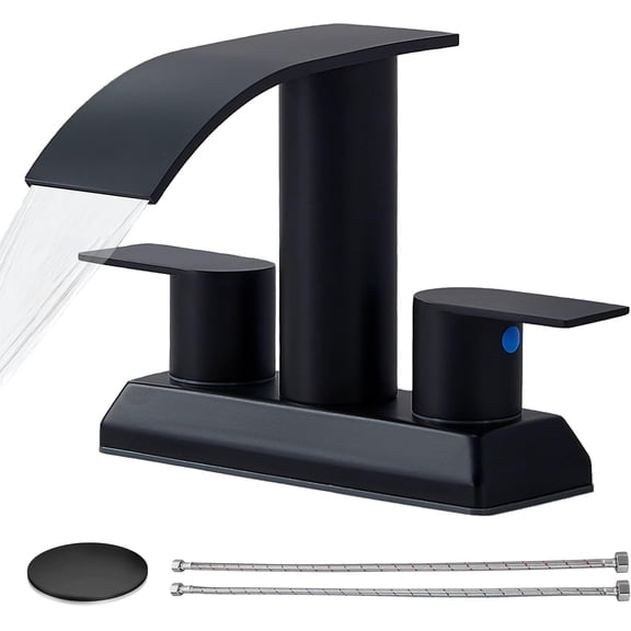 KINGO HOME 4 Inch Centerset Bathroom Faucet Matte Black, 3 Hole 2 Handle Waterfall Bathroom Sink Faucet with Pop-Up Drain and Supply Hoses, 90° Lever Handles