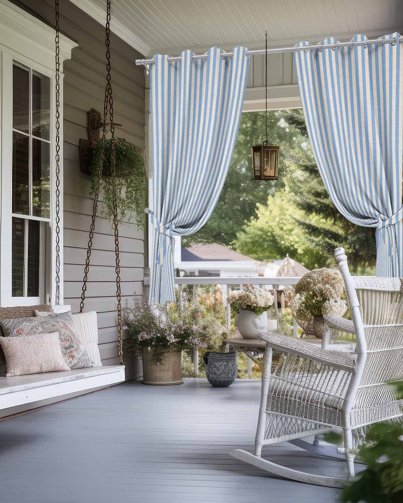 Blue Striped Outdoor Curtains for Patio, Modern Simple Farmhouse Beige Vintage Privacy Drapes Grommet Waterproof Outside Curtains for Porch/Cabana/Balcony 54"x 95", 2 Panel