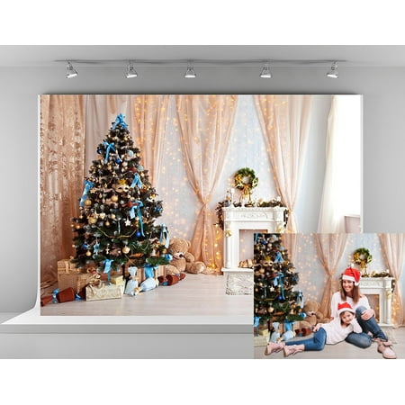 HelloDecor Polyester Fabric 7x5ft Photography Backdrops Christmas Tree Background Lighting Decoration with Fireplace Backdrop Shooting