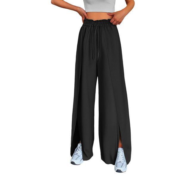 Pantalones anchos de cintura alta y plisados para mujer: aberturas laterales, poliéster elástico, yoga/entrenamiento/casual, tallas S-XXL, cintura elástica, 105-109 cm de largo
