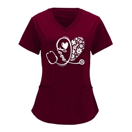 

QIPOPIQ Shirts for Women Clearance Women V-neck Solid Color Overalls Partial Positioning Printing Short Sleeve Working Uniform Tops