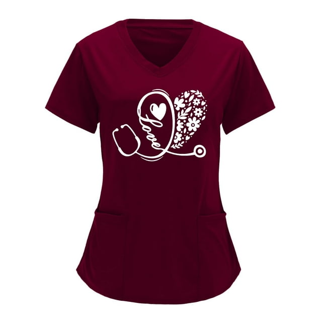 Summer Plus Size Ladies Summer Tops Clearance Women V-neck Solid Color Overalls Partial Positioning Printing Short Sleeve Working Uniform Tops V Neck Tshirt Women on Clearance