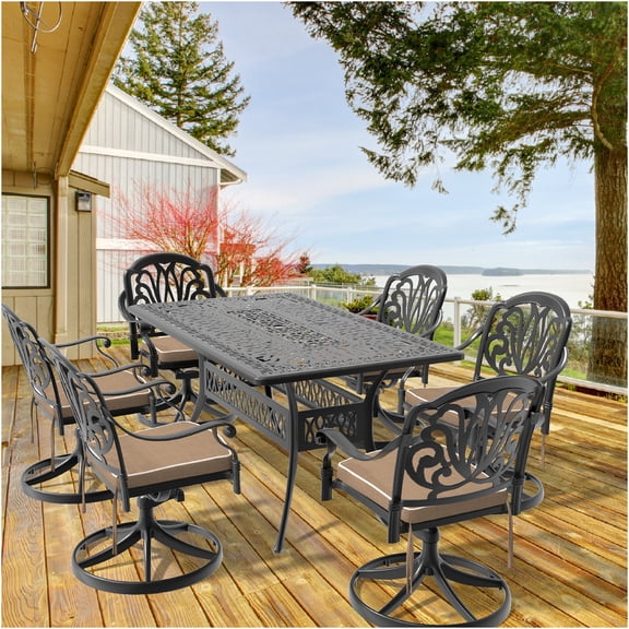 JERFIT 7-Piece Outdoor Dining Set with Swivel Chairs, All-Weather Cast Aluminum Patio Table and Chairs for Garden, Backyard, Black