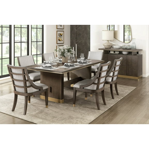 Modern Dining Set 7pc Extendable Dining Table and 6 Arm Chairs Brown Finish with Gold Tipping