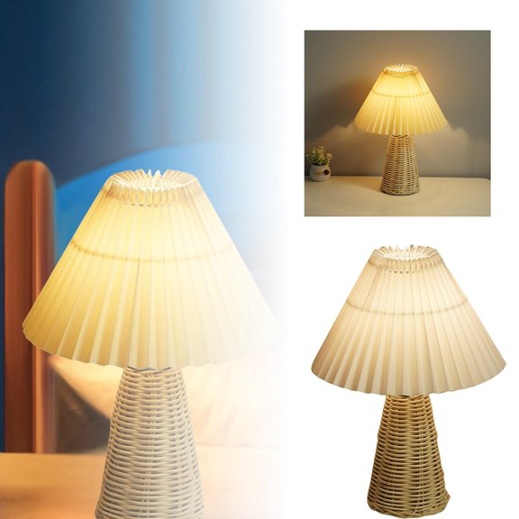 JJKBV Small Wicker Lamp Wicker Table Lamp Pleated Lampshade USB Vintage Bedside Lamp Farmhouse Lamps For Decoration For Kitchen Counter