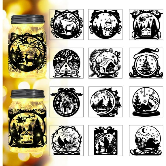 Christmas Ball Silhouette Cutouts for Jars Mason Can Glass Wishing Bottle Decor(No Stickers) 12Pcs Reusable Silhouette for Lantern DIY Craft Kit Jar Decals Art Mural Home Garden Mixed Color