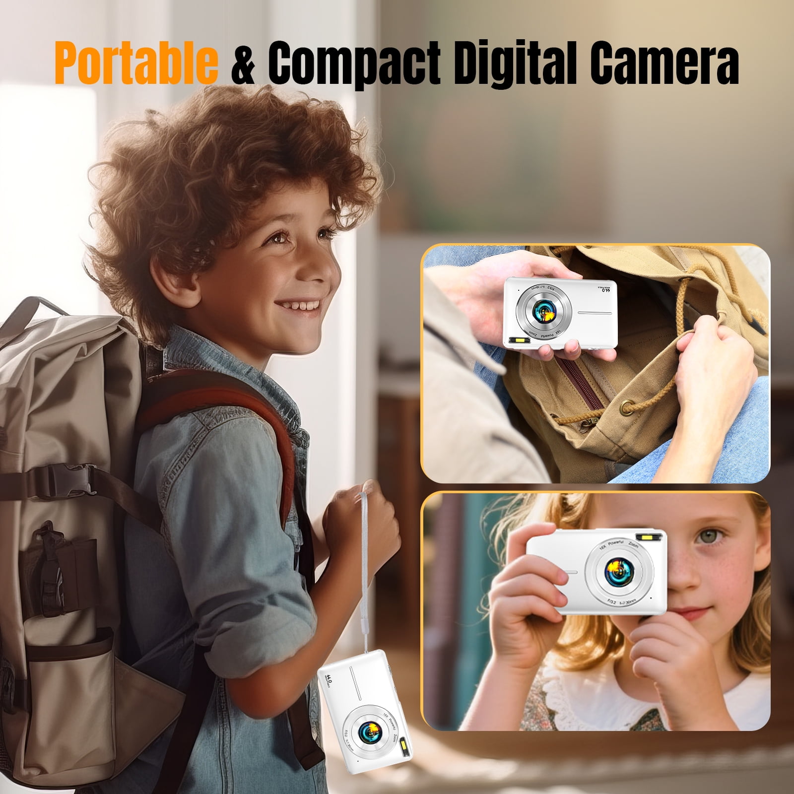 Digital Camera with 32GB TF Card, 1080P Full HD Kids Camera, 44MP & 16X Digital Zoom, Compact Point and Shoot Camera, Portable Small Cameras for Boys Girls Beginners (White)