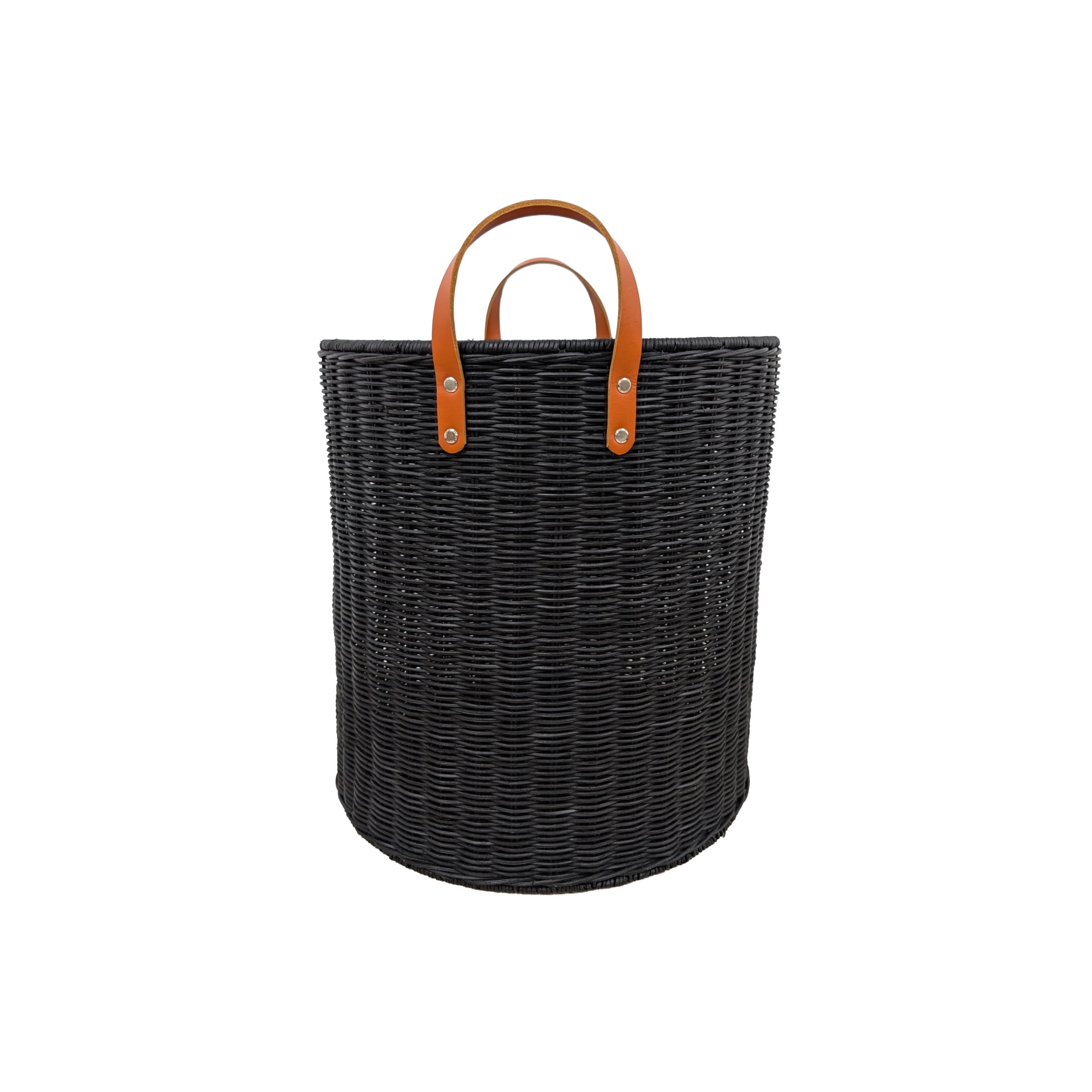 DecMode 16" x 20" Black Rattan Handmade Woven Storage Basket with Brown Leather Handles, 1-Piece