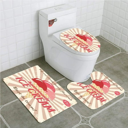 PUDMAD Ice Cream Vintage Sign Homemade Ice Cream Best in Town Quote 3 Piece Bathroom Rugs Set Bath Rug Contour Mat and Toilet Lid