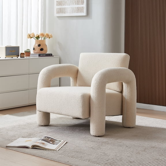 Modern Accent Chair, Lambswool Sherpa Fabric ArmChair, Comfy Living Room Chair with Armrest, Comfy Reading Chair Cute Vanity Chair for Living Room, Bedroom, Small Spaces, Beige