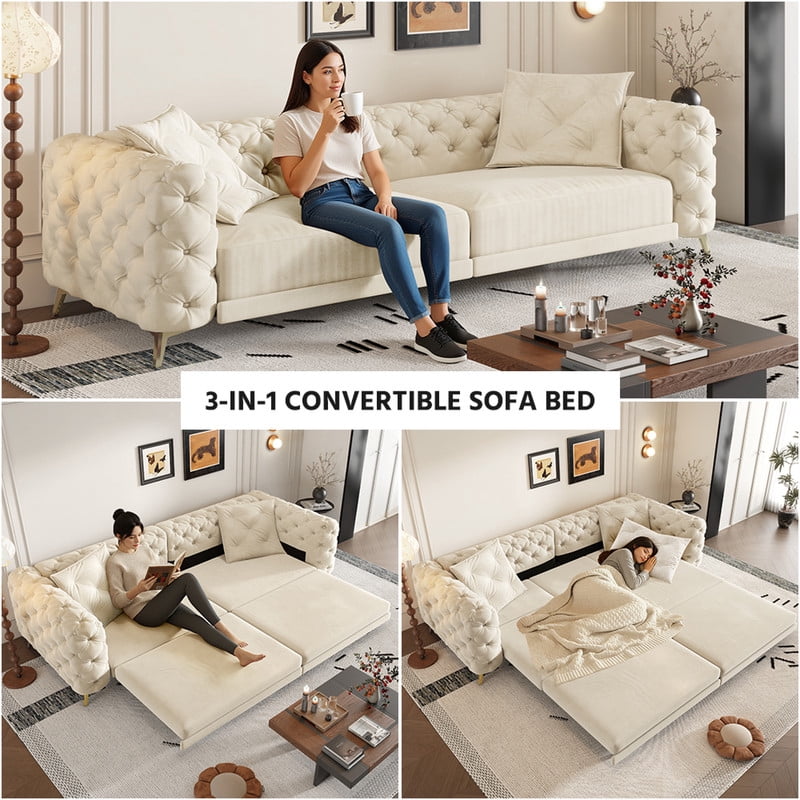 3-in-1 Convertible Sleeper Sofa Bed, 97.7'' 4-Seater Velvet Couch with Pull Out Bed & Movable Ottoman, Deep Seat Tufted Futon for Living Room, Apartment & Office