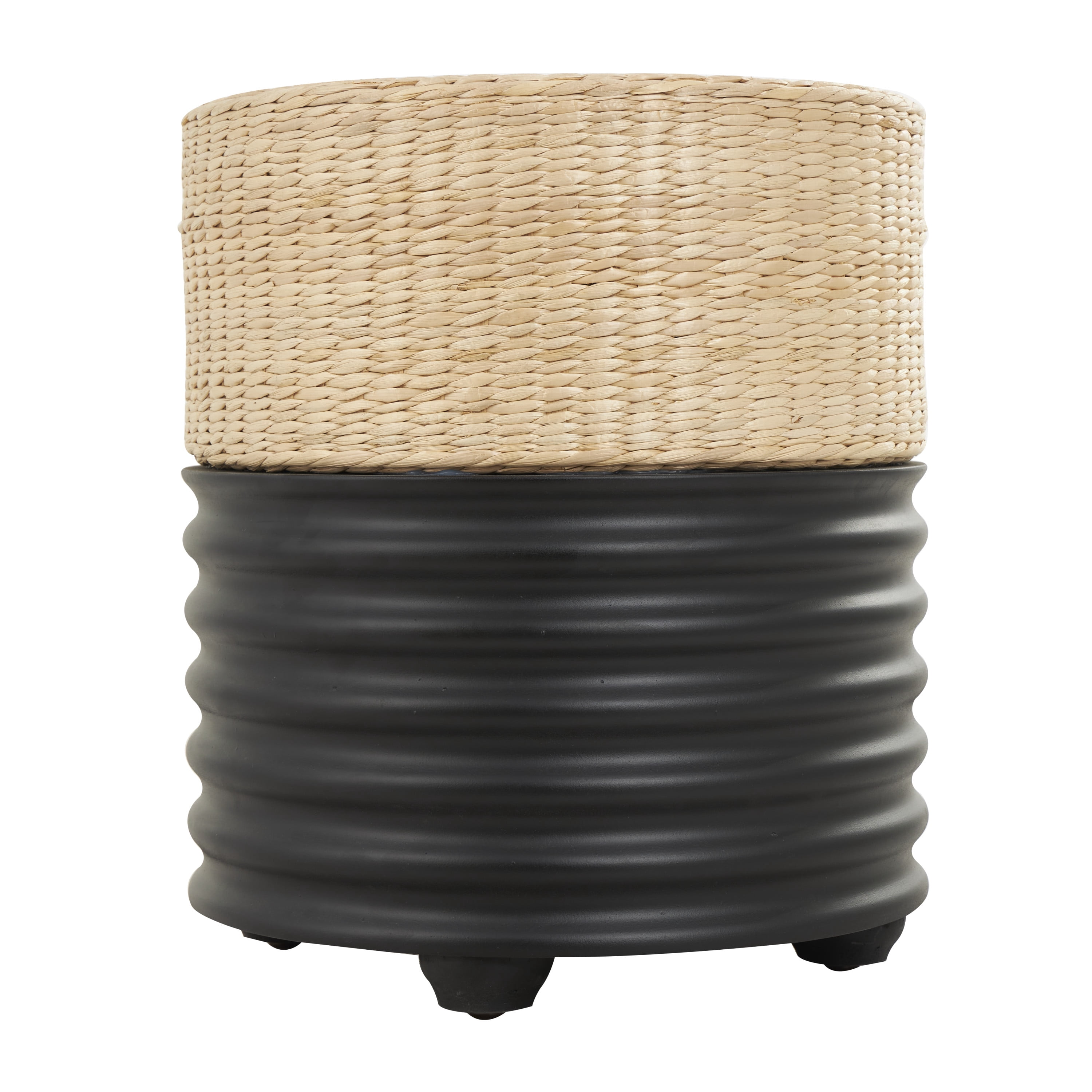 DecMode Wooden Geometric Handmade Woven Two-Toned Stool with Seagrass Top, Black