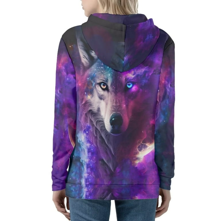 FKELYI Galaxy Zipper Hoodie for Women Polyester Star Wolf Women
