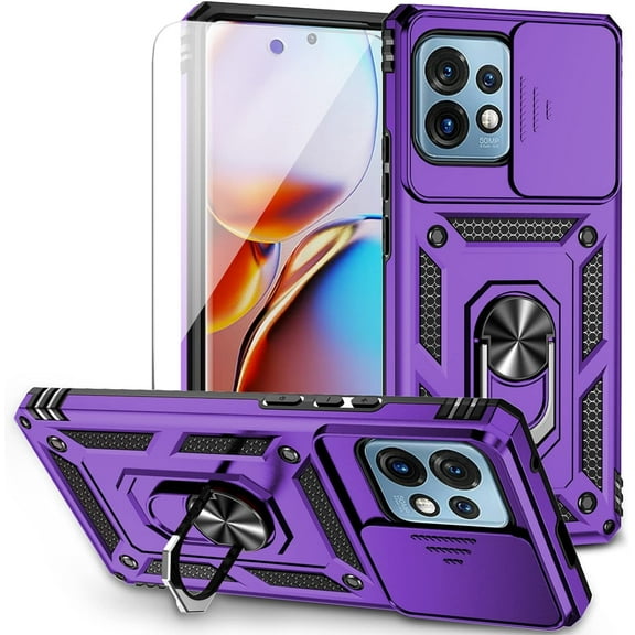 for Motorola Edge Plus 2023 Case w/ Slide Camera Cover HD Screen Protector [ Grade 16ft. Drop Tested]  Ring Holder Kickstand Protective Phone Case for Motorola Edge  Plus 2023, Purple