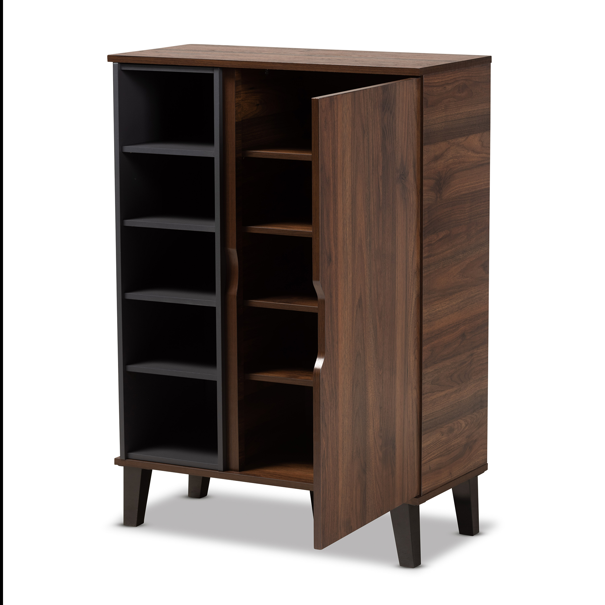 Baxton Studio Idina Mid-Century Modern Two-Tone Walnut Brown and Grey Finished Wood 1-Door Shoe Cabinet