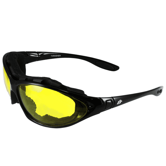 Birdz Eyewear Thrasher Padded Motorcycle Sunglasses For Men & Women Convertible to Goggles Black Frame w/ Anti fog Yellow Lenses