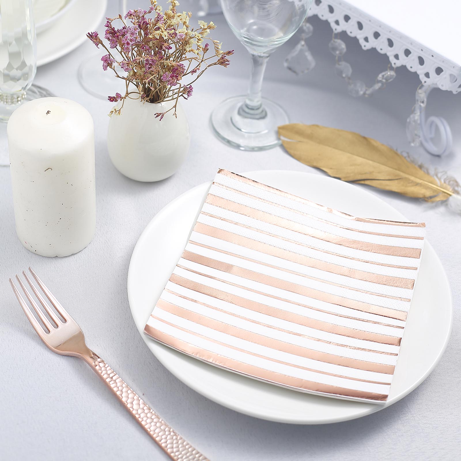 Efavormart 20 Pack 3 Ply Metallic Rose Gold Striped Paper Napkins