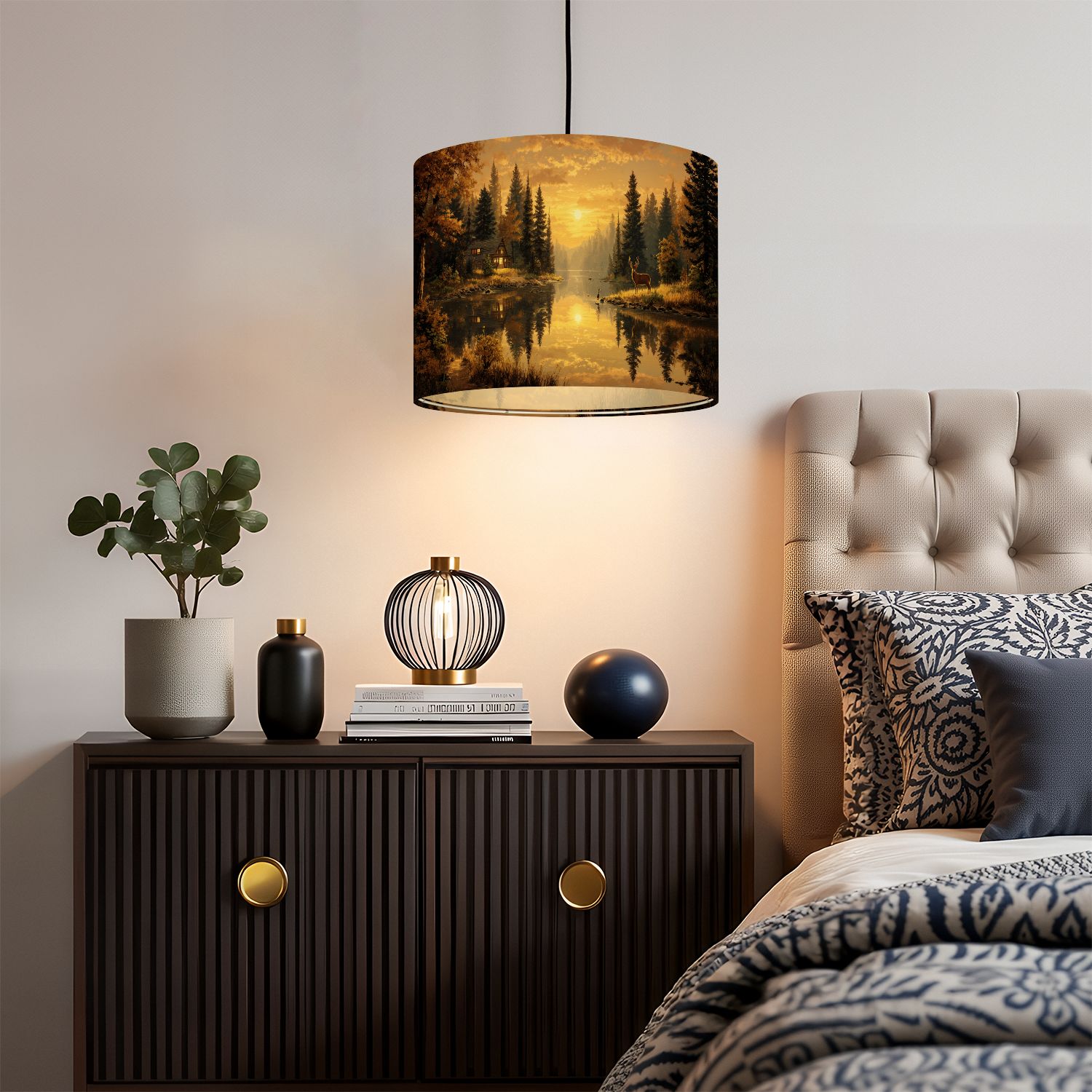 Linen Drum Lampshades Deer Autumn Rustic Forest Cabin Wildlife Elk Hunting Modern Deer Buck 13"x13"x10" Light Shade for Table Lamps Drum Lamp Shades Lampshade Replacement Assembly Required