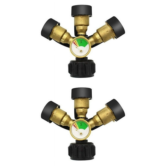 2X 3 Way Propane Splitter with Gauge and Shut-Off Valve, 3 Y Propane Gas Splitter, Propane LP Tank Tee Gauge Adapter