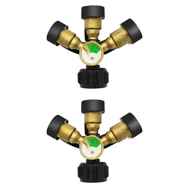 2X Divisor de Propano de 3 VíAs con ManóMetro y VáLvula de , Divisor de Gas Propano de 3 Y, Adaptador de ManóMetro en para Tanque de Gas Propano LP