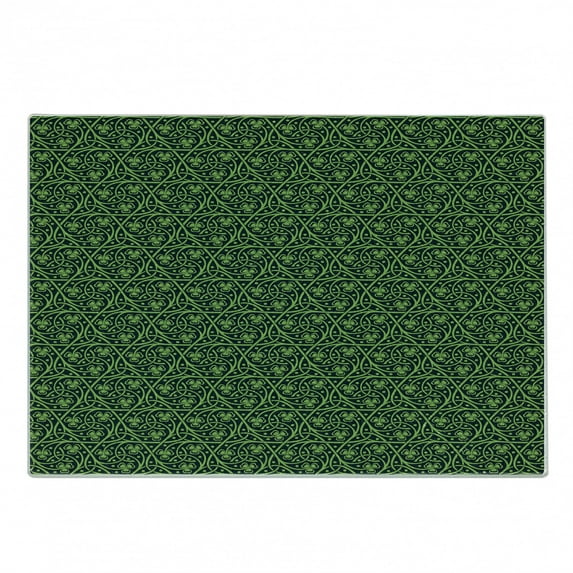 Irish Cutting Board, National Foliage Pattern Intricate Twigs and Dots Trefoil Botanical Abstraction, Decorative Tempered Glass Cutting and Serving Board, Small Size, Black Lime Green, by Ambesonne