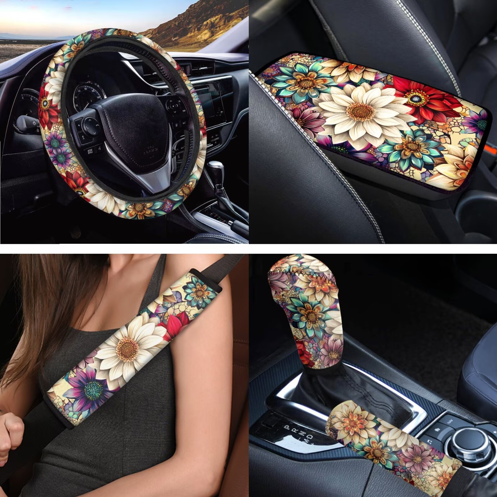 Uorisanigo Dahlia Design Car Seat Covers Full Set with Armrest & Seat Belt Covers, Steering Wheel & Handbrake Protectors, Headrest and Shift Knob Cover, Cup Holder Coaster, Keychains - 18 Pack
