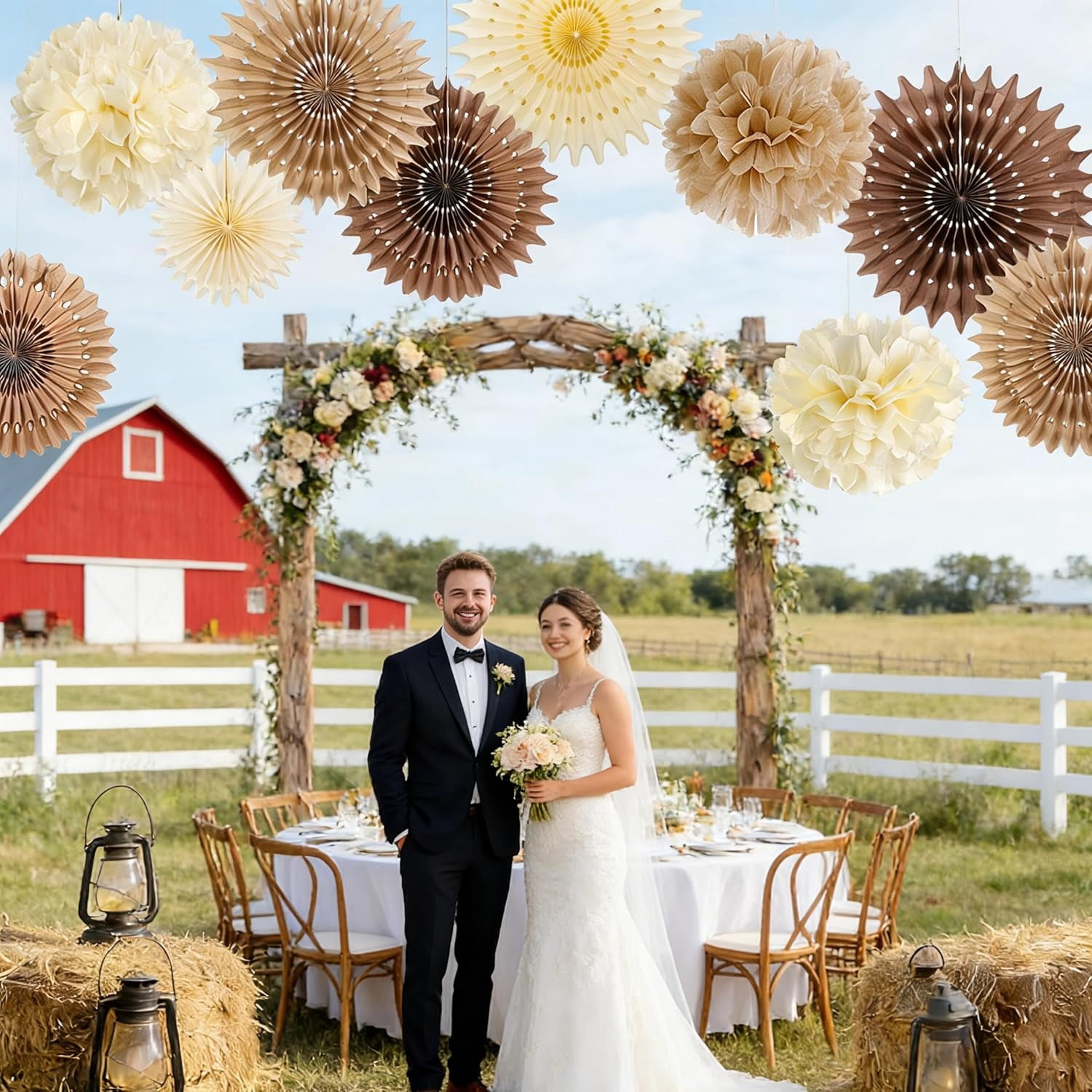 Brown Party Decorations Boho Wedding Party Decor Brown Beige Tissue Pom Poms Paper Fans Hanging Neutral Women Birthday Party Decorations Bridal Shower Baby Shower Rustic Engagement Decor