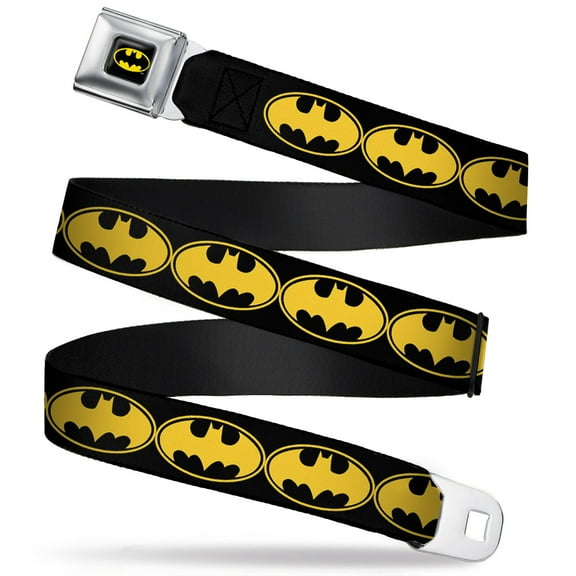 DC Comics Belt, Seatbelt Buckle Belt, Bat Signal Black Yellow Black, 30 to 44 Inches
