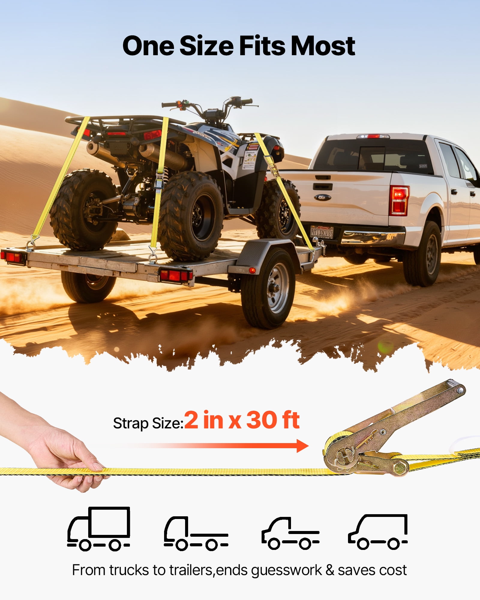 VEVOR Ratchet Straps, 2in x 30ft, Heavy Duty Tie Down Straps with Double J Hook, 10,000 lbs Break Strength, Carry Bag, Tie Down Ratcheting for Moving, Trailers, Motorcycles, Kayaks, Car Roof, 4 Pack