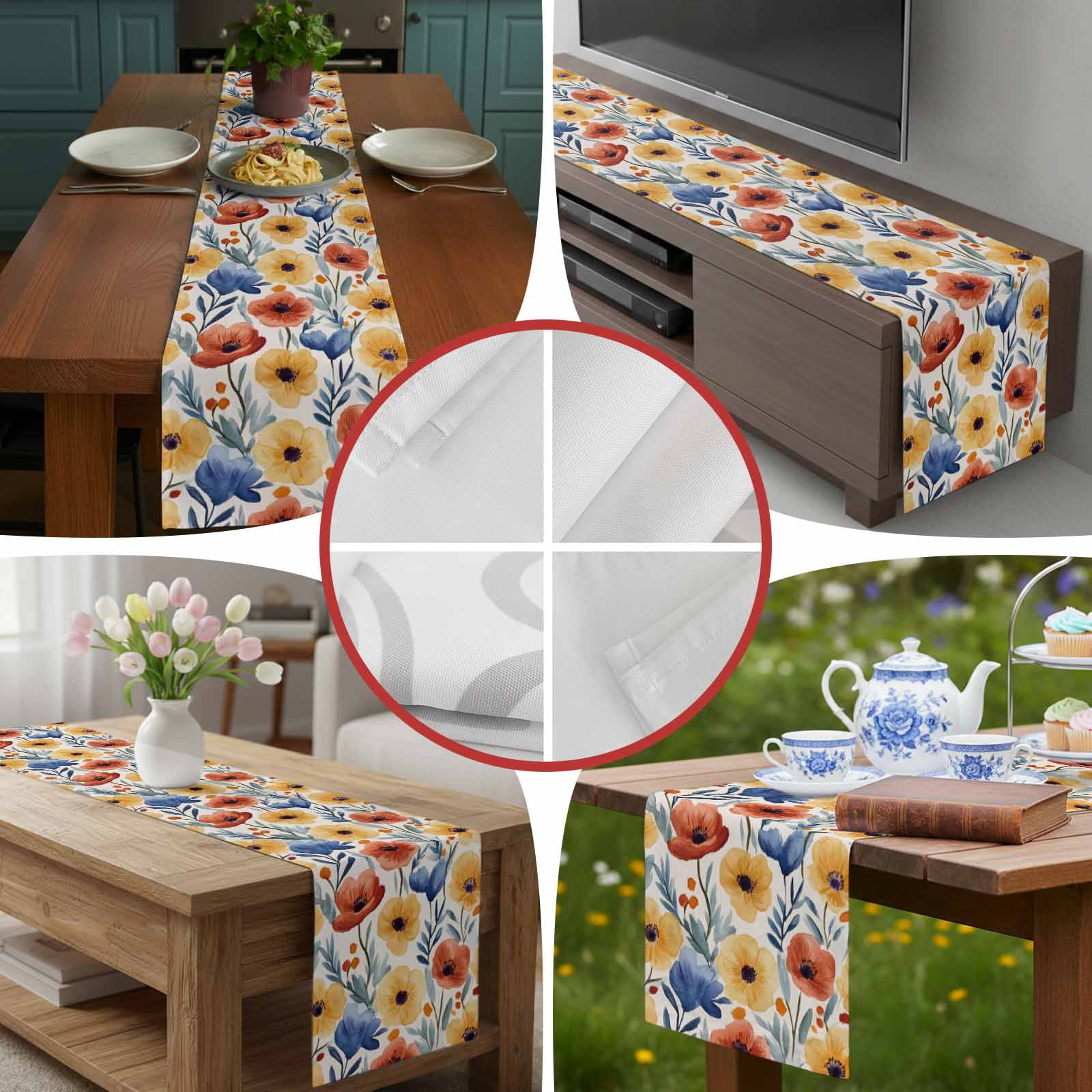Red Poppy Flower Spring Blossom Floral Table Runner 90 Inches Long, Garden Plant Seamless Table Runners Tabletop Scarf Kitchen Dining Tables Decoration for Home Party Indoor Outdoor