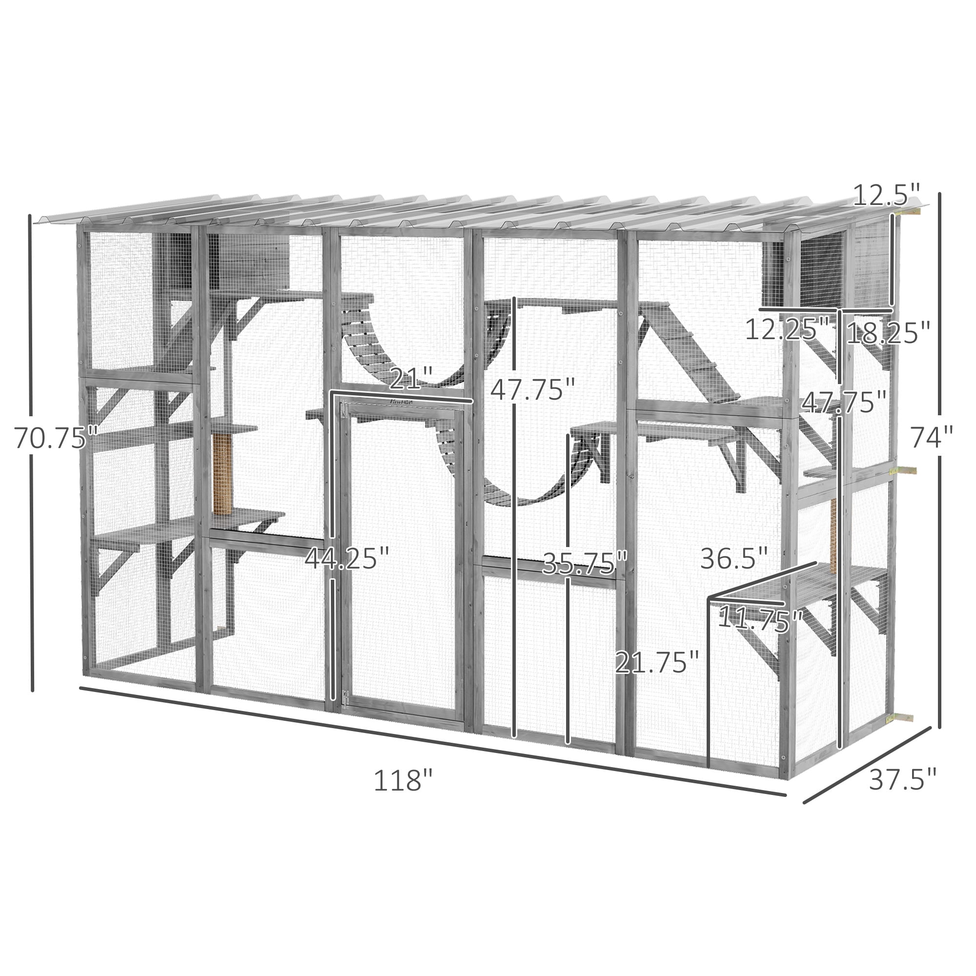 PawHut Catio Playground Outdoor Cat Enclosure, Wooden Outdoor Cat House Weatherproof for Multiple Cats, Shelves & Bridges, Gray