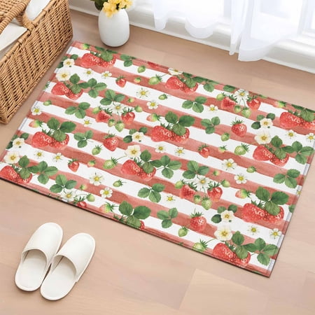 Area Rug 2x3ft Watercolor Strawberry Flower Washable Rugs for Living Room Bedroom Fruit Daisy Leaves Red Stripes Soft Non-slip Area Rugs Rectangle Floor Carpet for Dining Room